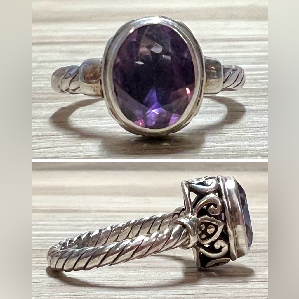 Vintage Designer Signed M Id Sterling Silver Twisted Cable Amethyst Ring, Size 5